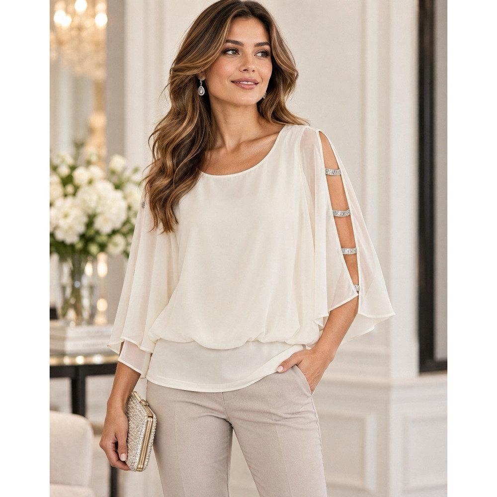 Prelude Womens XL Ivory Chiffon Blouse Rhinestone Split Sleeve Elegant Party Top